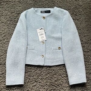 Zara Light Blue Tweed Jacket with Gold Buttons